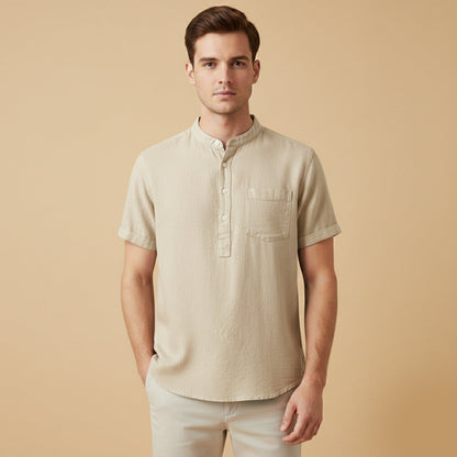 Camisa de lino para hombre con cuello mandarín y manga corta-Shirts for men-Casaluzia
