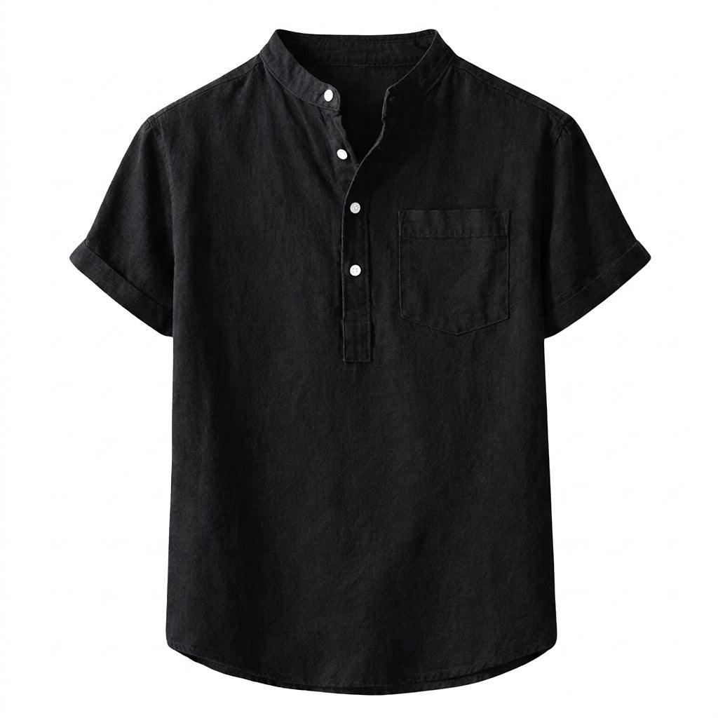 Camisa de lino para hombre con cuello mandarín y manga corta-Shirts for men-Casaluzia