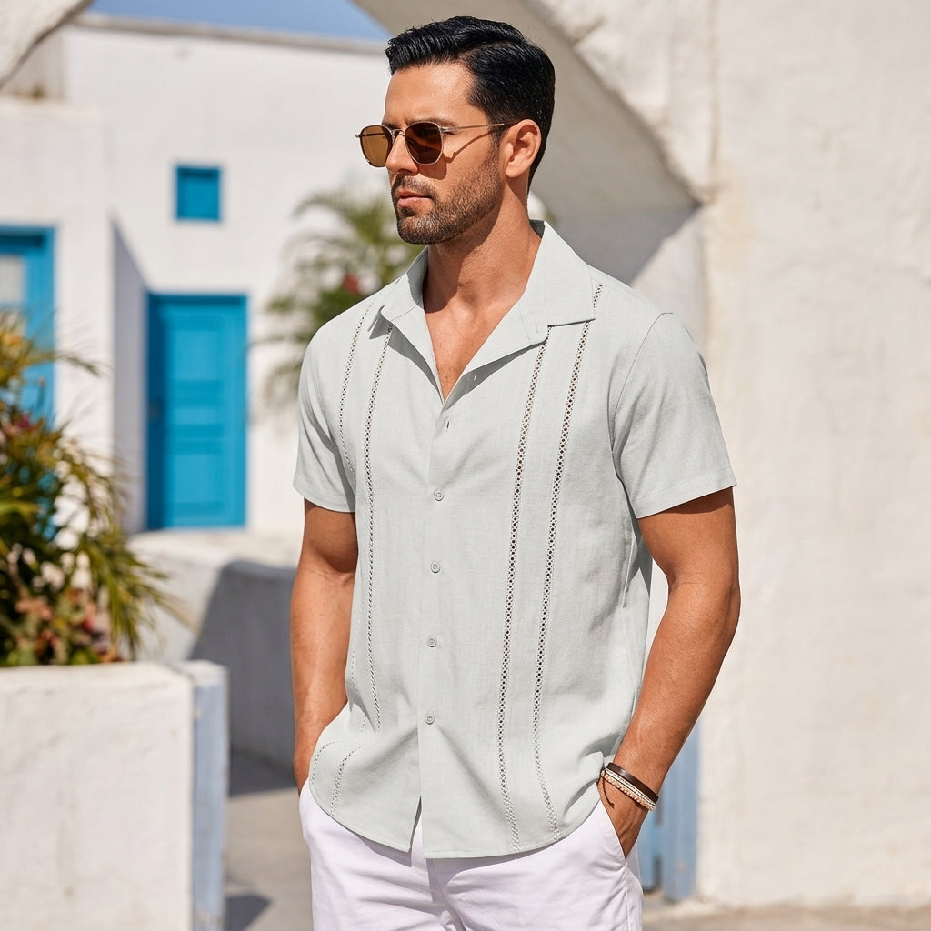 Camisa de Manga Corta para Hombre con Paneles Decorativos Verticales-Shirt for men-Casaluzia