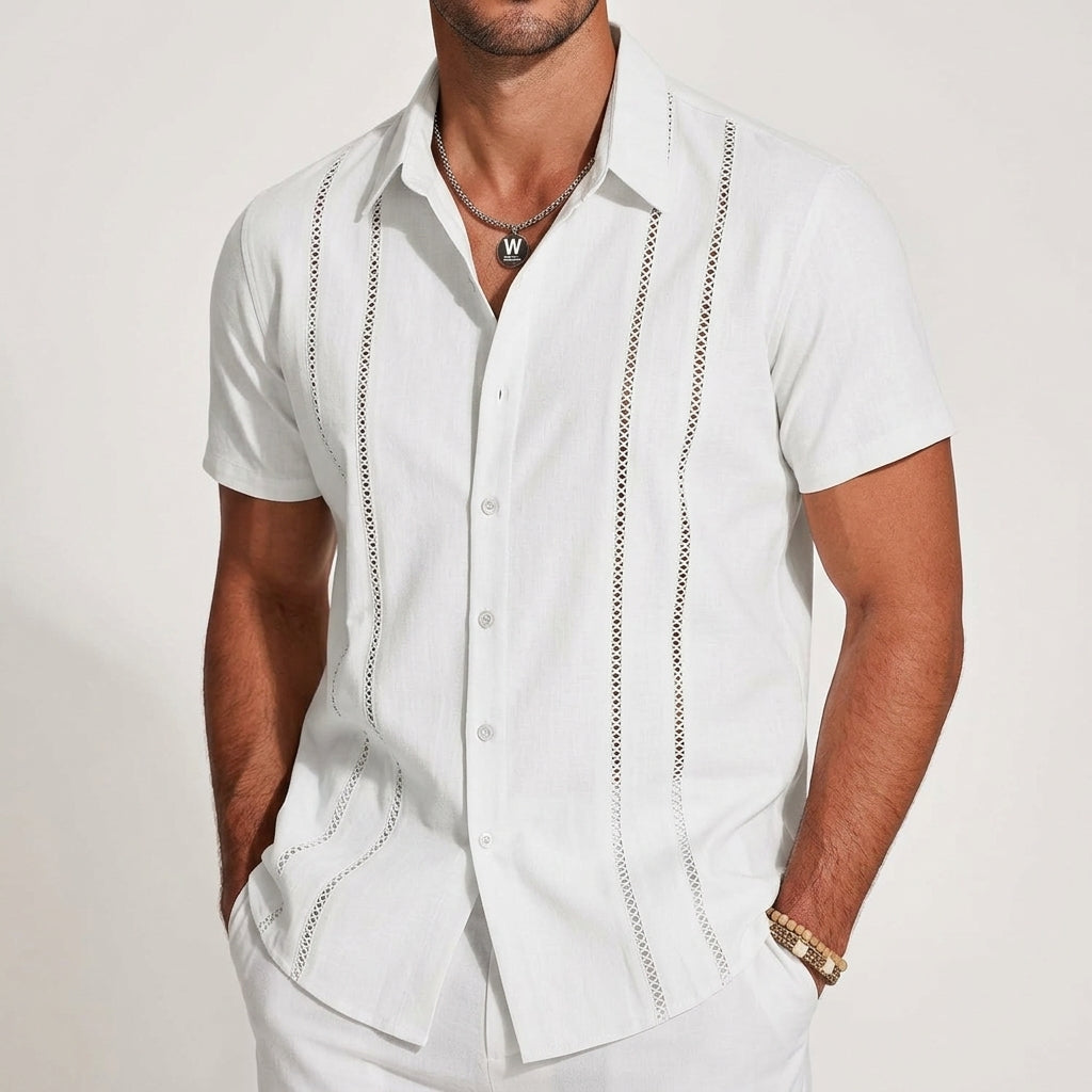 Camisa de Manga Corta para Hombre con Paneles Decorativos Verticales-Shirt for men-Casaluzia