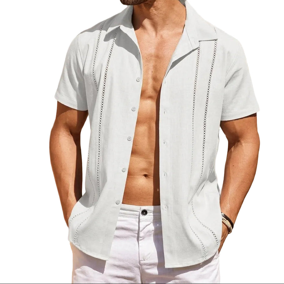 Camisa de Manga Corta para Hombre con Paneles Decorativos Verticales-Shirt for men-Casaluzia
