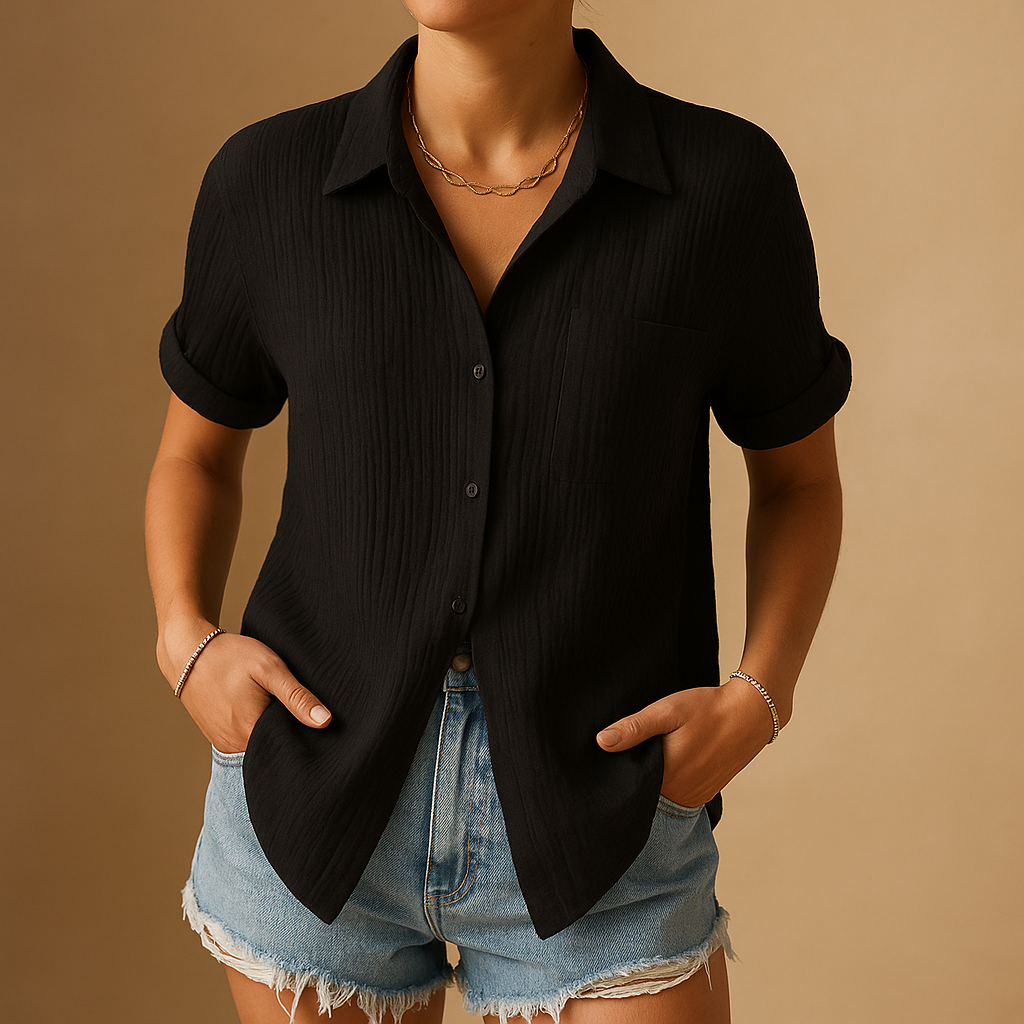 Camisa de manga corta para mujer con cuello y bolsillo superior-Blouses for women-Casaluzia