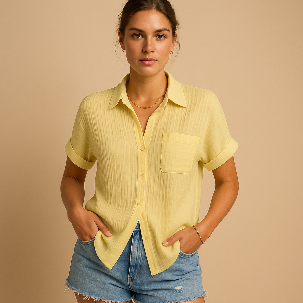 Camisa de manga corta para mujer con cuello y bolsillo superior-Blouses for women-Casaluzia