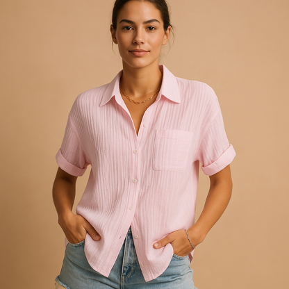 Camisa de manga corta para mujer con cuello y bolsillo superior-Blouses for women-Casaluzia