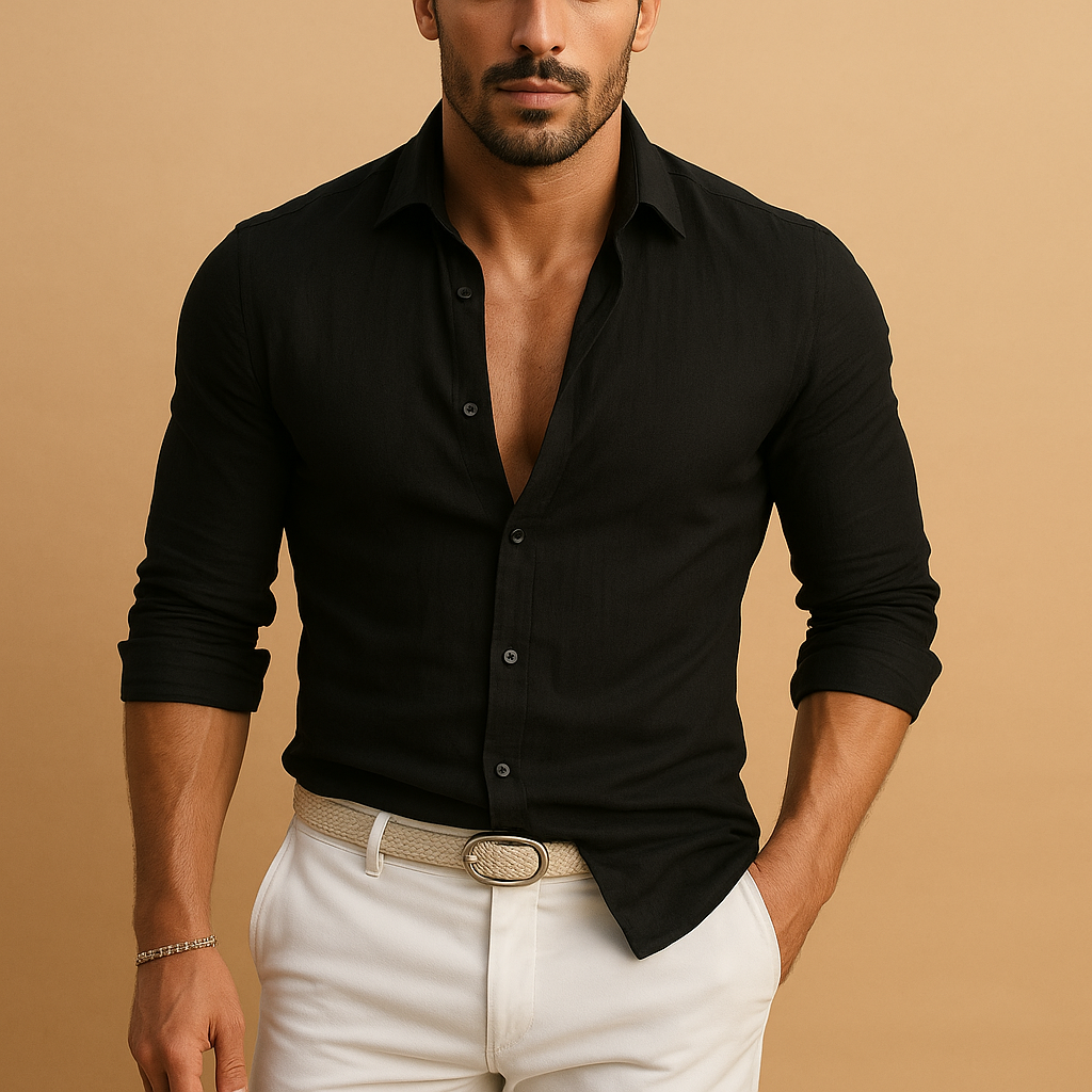 Camisa de manga larga con botones para hombre con cuello camisero y puños remangados-Shirts for men-Casaluzia