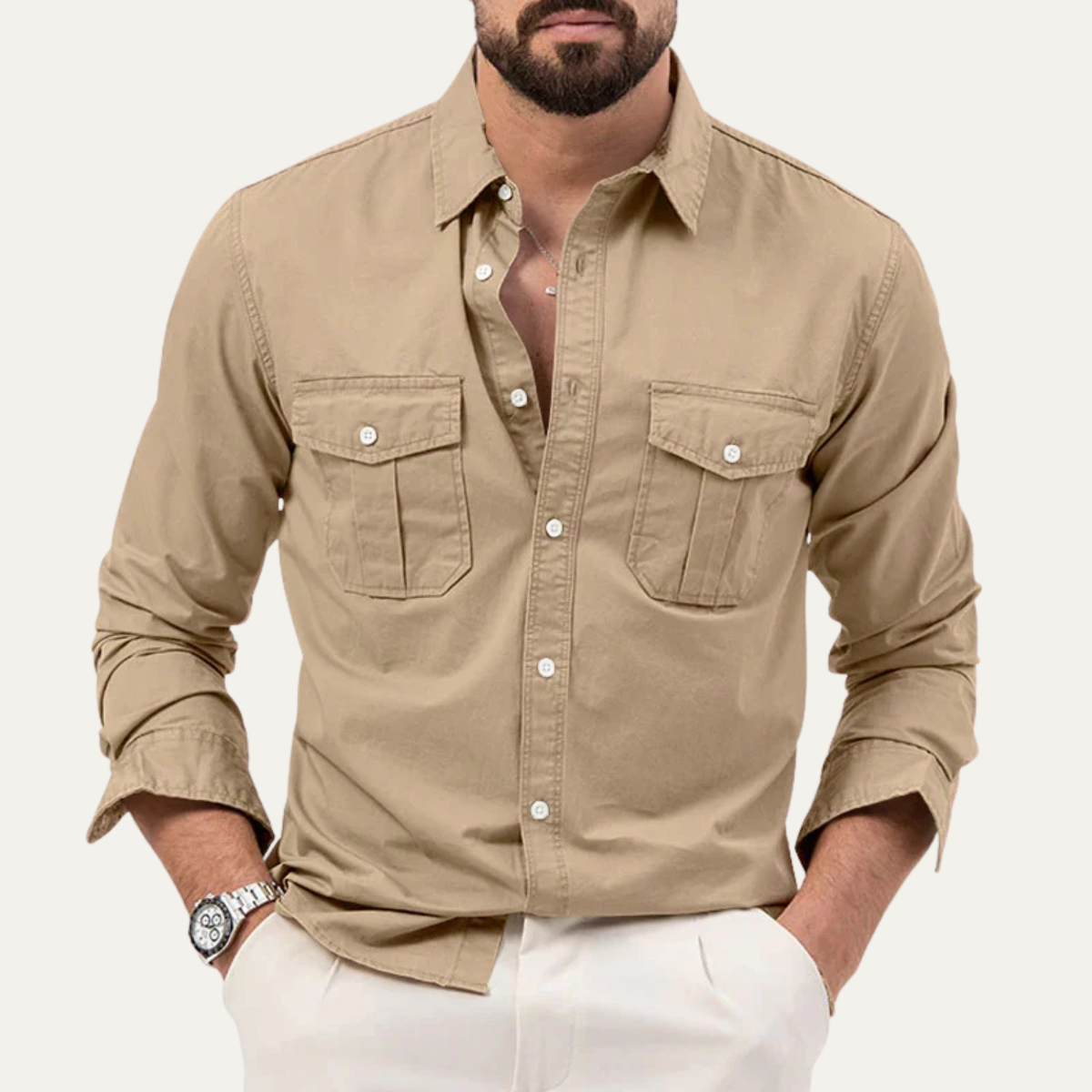Camisa de manga larga con botones y doble bolsillo en el pecho para hombre-Shirts for men-Casaluzia