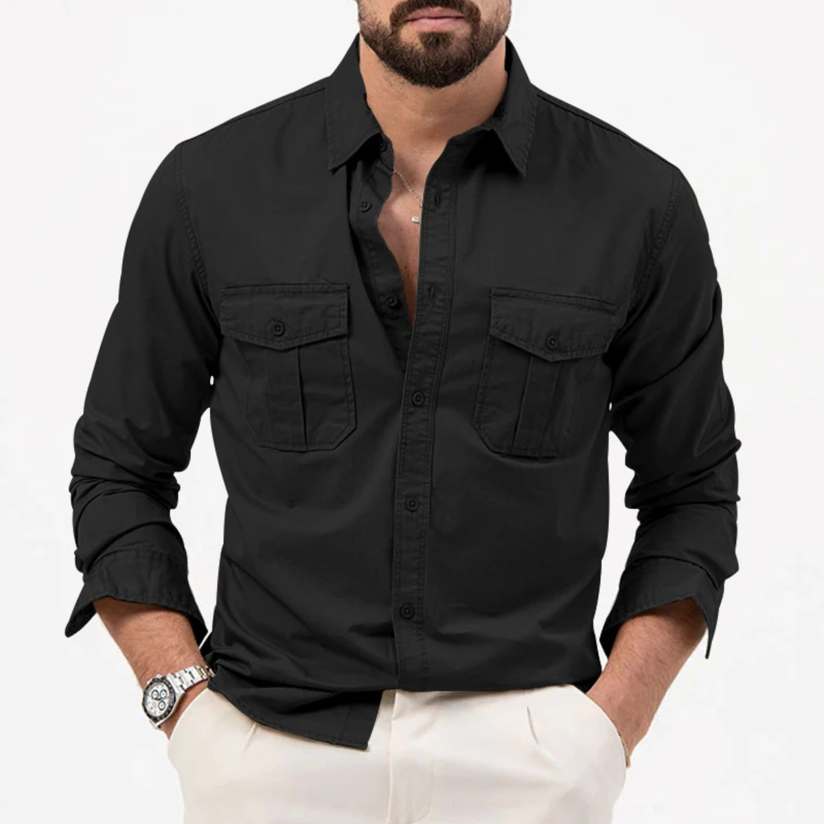 Camisa de manga larga con botones y doble bolsillo en el pecho para hombre-Shirts for men-Casaluzia