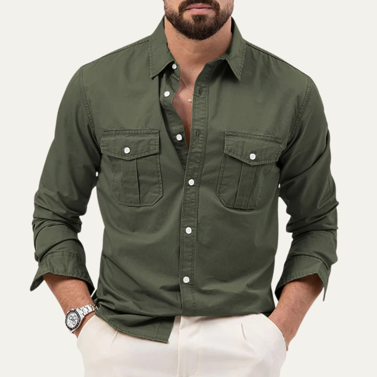 Camisa de manga larga con botones y doble bolsillo en el pecho para hombre-Shirts for men-Casaluzia