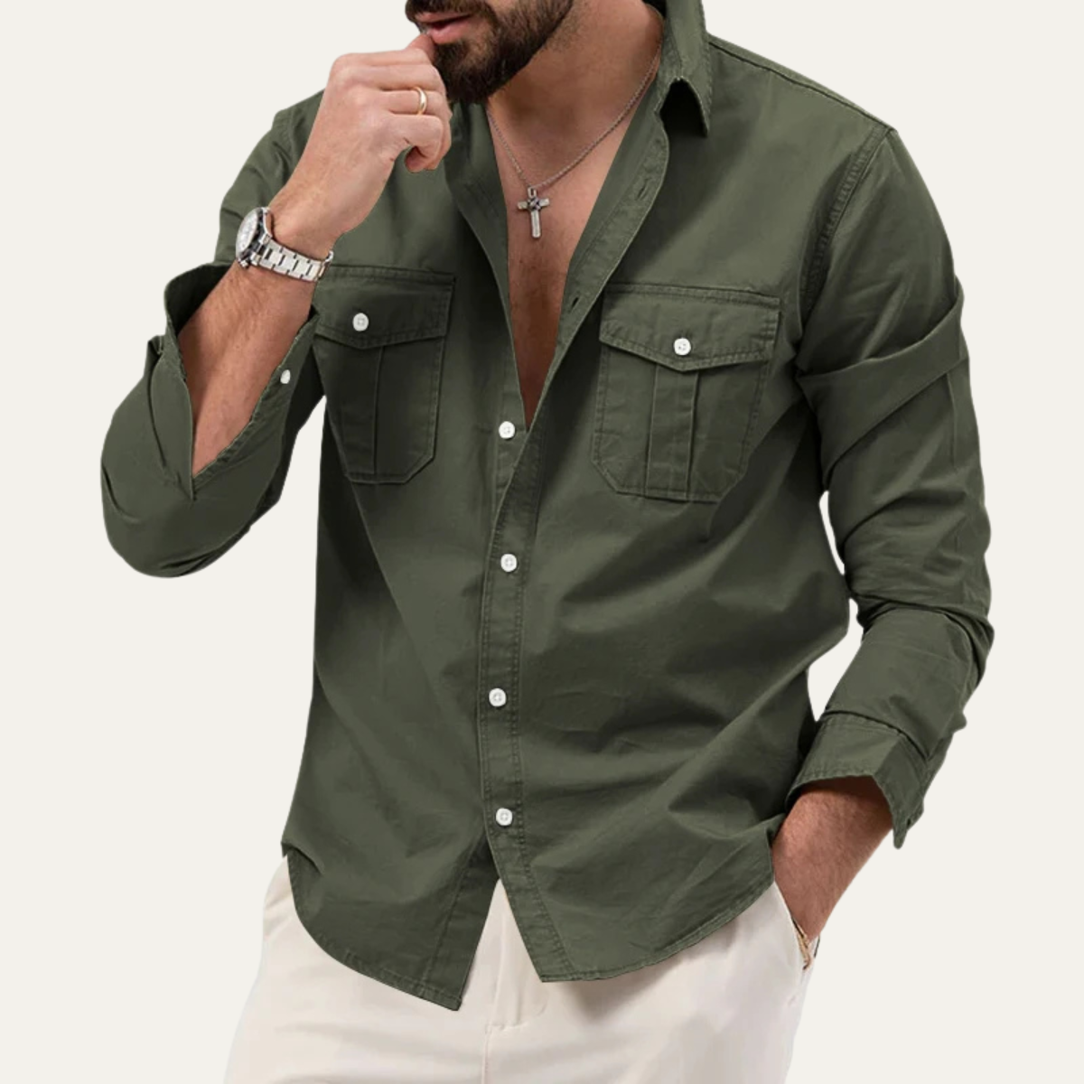 Camisa de manga larga con botones y doble bolsillo en el pecho para hombre-Shirts for men-Casaluzia