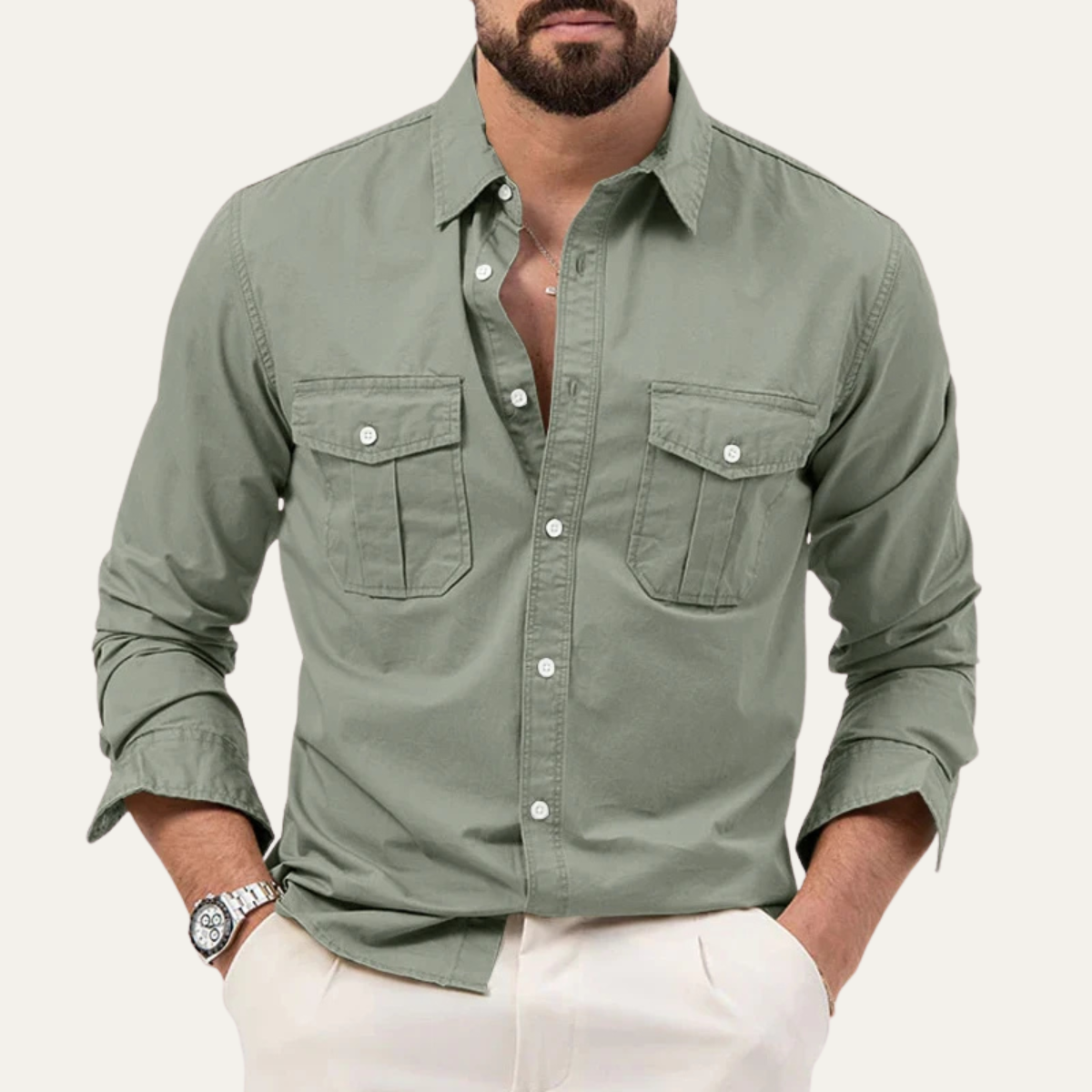 Camisa de manga larga con botones y doble bolsillo en el pecho para hombre-Shirts for men-Casaluzia