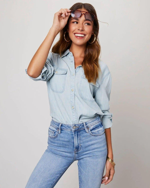 Camisa de mezclilla con botones para mujer-Shirts for women-Casaluzia
