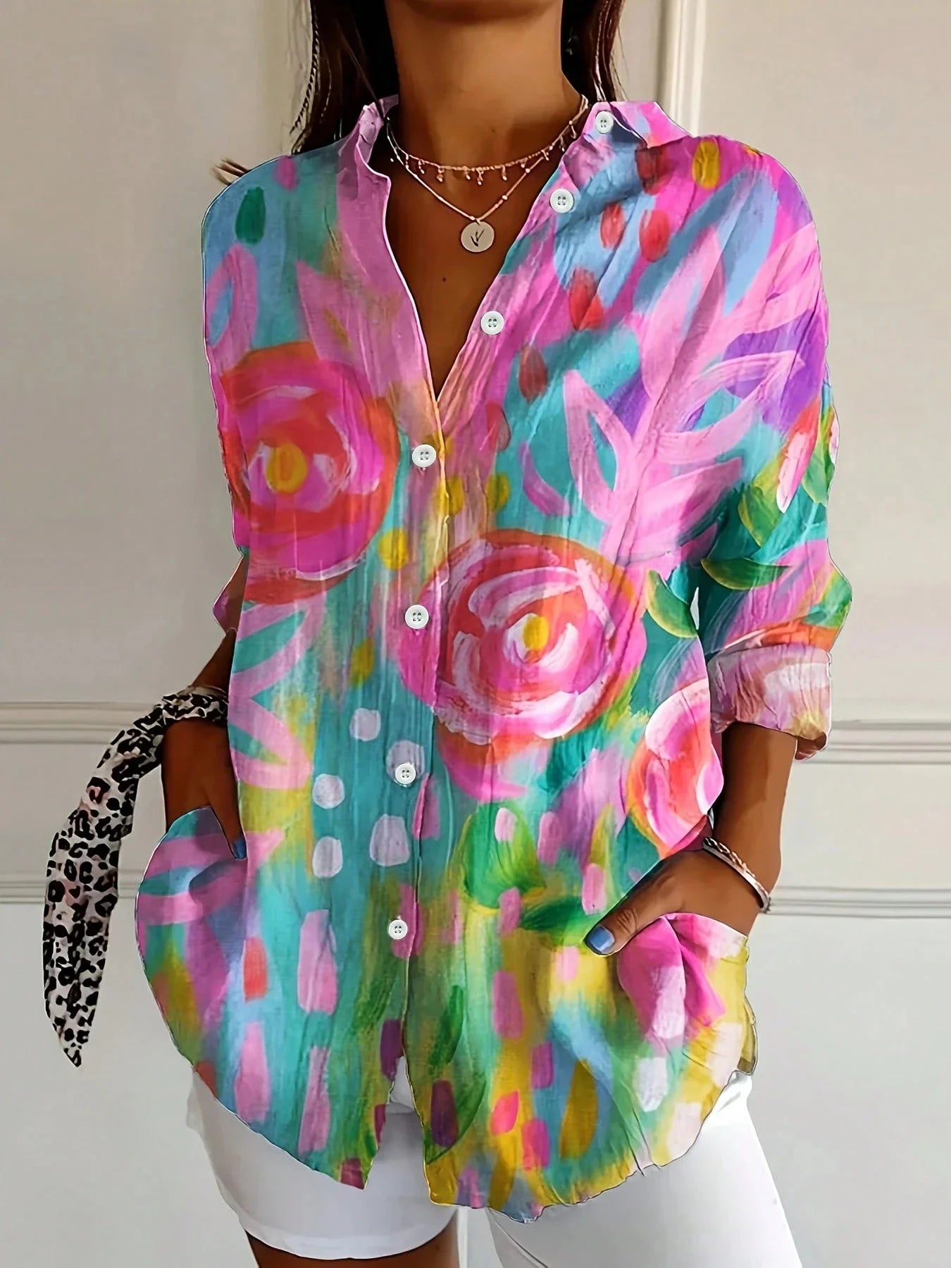 Camisa estampada con botones y bolsillos delanteros para mujer-Shirts for women-Casaluzia