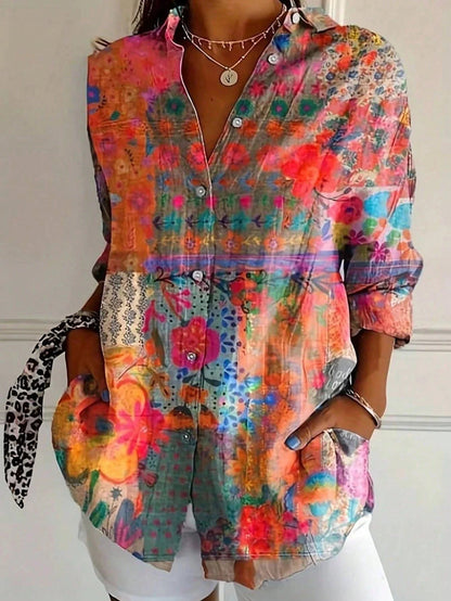 Camisa estampada con botones y bolsillos delanteros para mujer-Shirts for women-Casaluzia