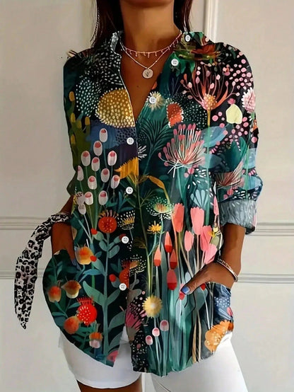 Camisa estampada con botones y bolsillos delanteros para mujer-Shirts for women-Casaluzia