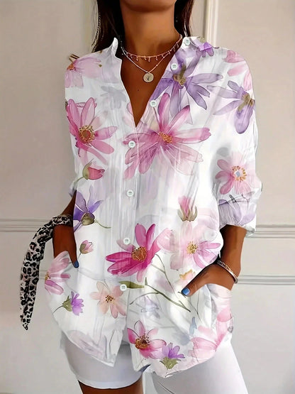 Camisa estampada con botones y bolsillos delanteros para mujer-Shirts for women-Casaluzia