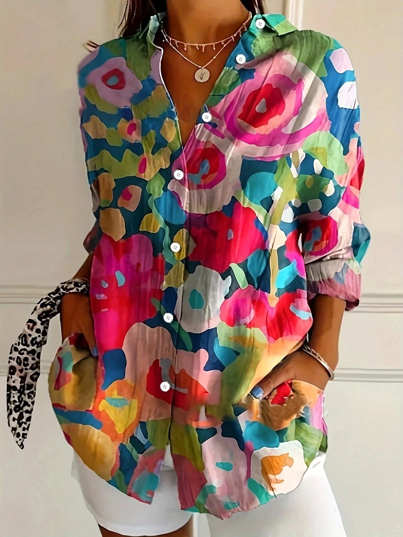 Camisa estampada con botones y bolsillos delanteros para mujer-Shirts for women-Casaluzia