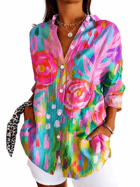 Camisa estampada con botones y bolsillos delanteros para mujer-Shirts for women-Casaluzia