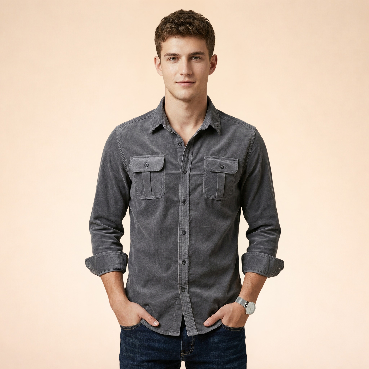 Camisa para hombre con bolsillos en el pecho y cierre de botones-Shirts for men-Casaluzia