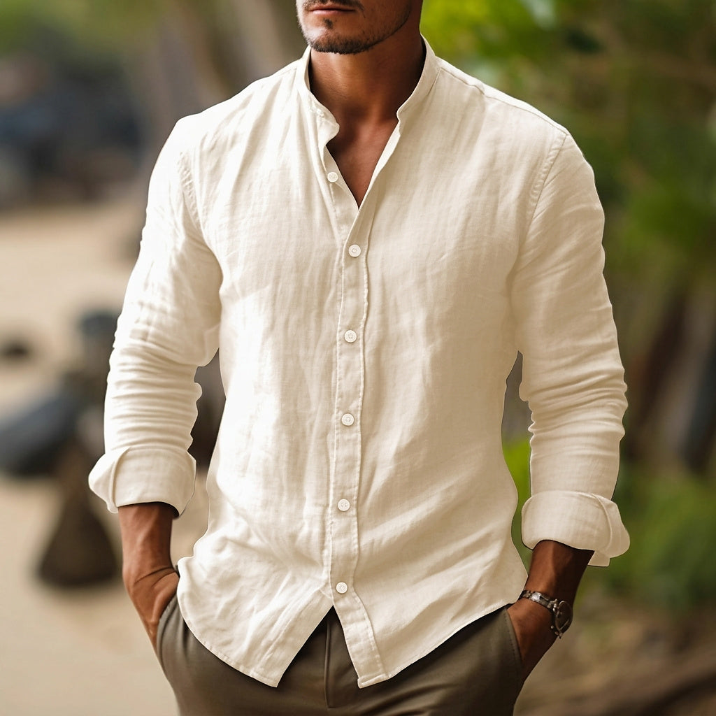 Camisa para hombre con cuello banda y cierre de botones frontal-Shirts for men-Casaluzia