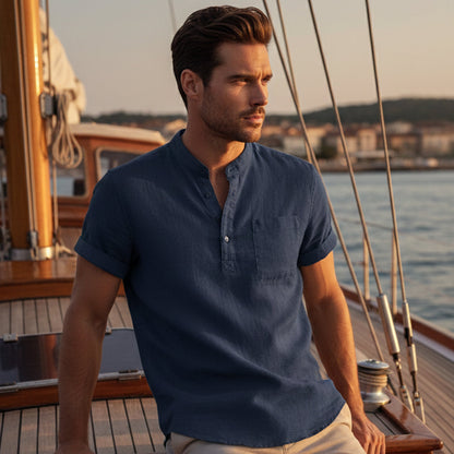 Camisa para hombre con cuello mandarín, manga corta con dobladillo y bolsillo en el pecho-Shirts for men-Casaluzia