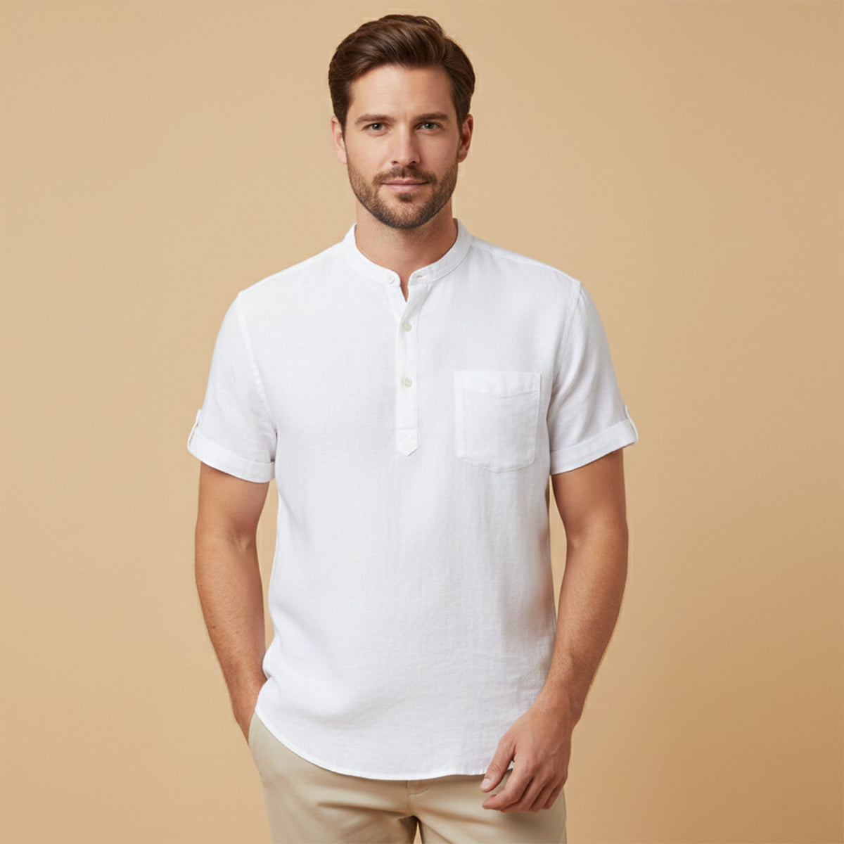 Camisa para hombre con cuello mandarín, manga corta con dobladillo y bolsillo en el pecho-Shirts for men-Casaluzia