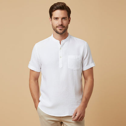 Camisa para hombre con cuello mandarín, manga corta con dobladillo y bolsillo en el pecho-Shirts for men-Casaluzia