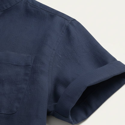 Camisa para hombre con cuello mandarín, manga corta con dobladillo y bolsillo en el pecho-Shirts for men-Casaluzia