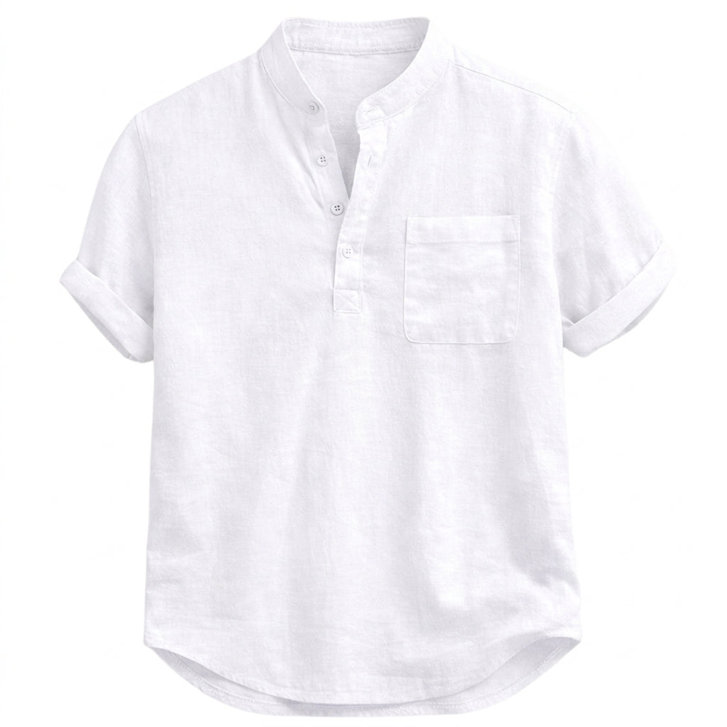 Camisa para hombre con cuello mandarín, manga corta con dobladillo y bolsillo en el pecho-Shirts for men-Casaluzia
