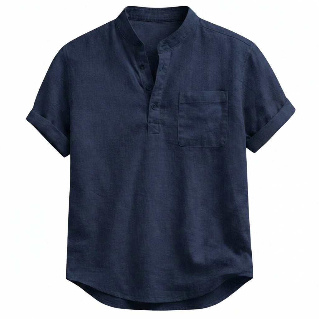 Camisa para hombre con cuello mandarín, manga corta con dobladillo y bolsillo en el pecho-Shirts for men-Casaluzia