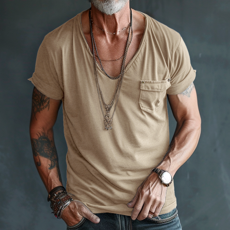 Camiseta de cuello en V con bolsillo y manga corta para hombre-T-Shirts & Polos for men-Casaluzia