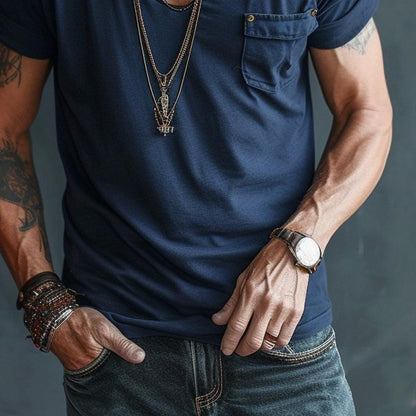 Camiseta de cuello en V con bolsillo y manga corta para hombre-T-Shirts & Polos for men-Casaluzia
