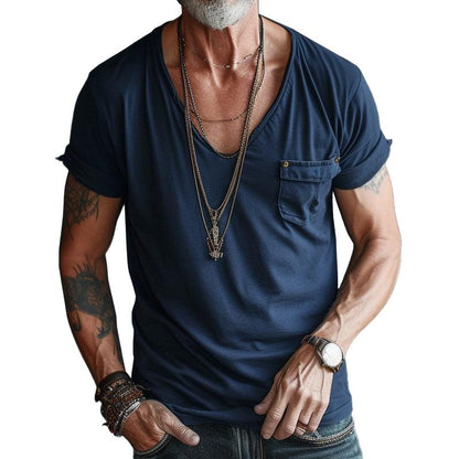 Camiseta de cuello en V con bolsillo y manga corta para hombre-T-Shirts & Polos for men-Casaluzia