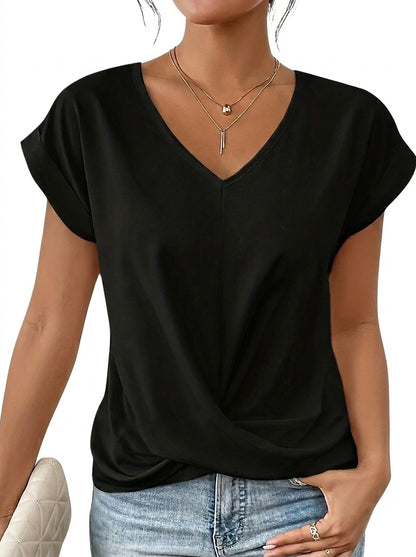 Camiseta de mujer con cuello en V y detalle de nudo frontal-T-shirt for women-Casaluzia