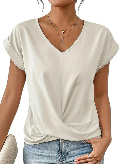 Camiseta de mujer con cuello en V y detalle de nudo frontal-T-shirt for women-Casaluzia