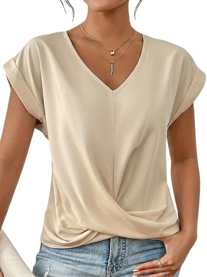 Camiseta de mujer con cuello en V y detalle de nudo frontal-T-shirt for women-Casaluzia