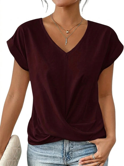 Camiseta de mujer con cuello en V y detalle de nudo frontal-T-shirt for women-Casaluzia