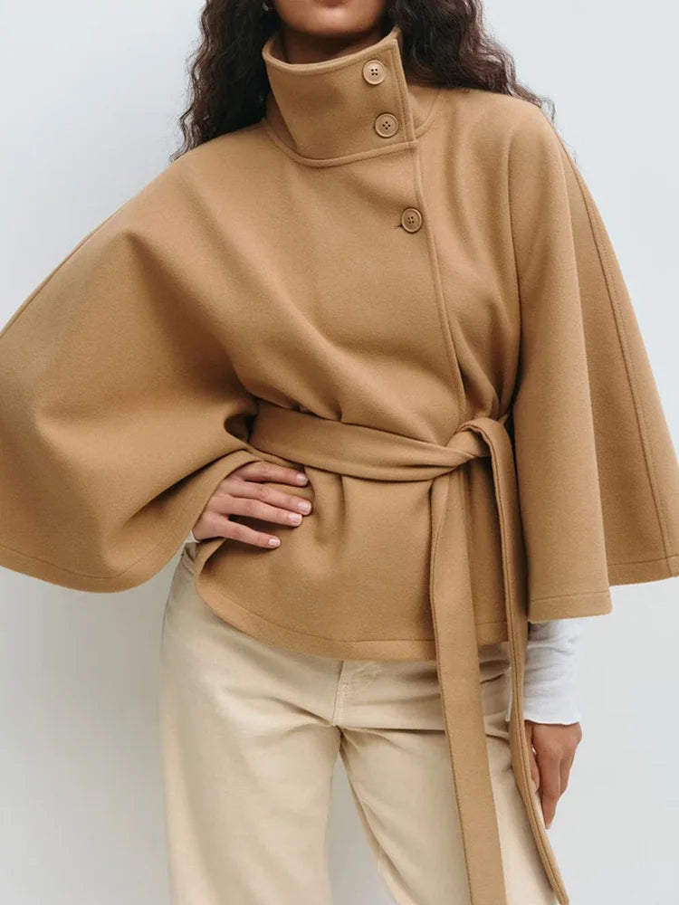Capa para mujer con cuello alzado y cinturón anudado-Jacket for women-Casaluzia