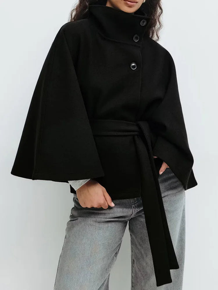 Capa para mujer con cuello alzado y cinturón anudado-Jacket for women-Casaluzia
