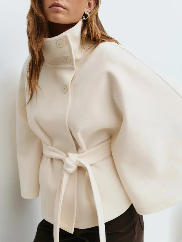 Capa para mujer con cuello alzado y cinturón anudado-Jacket for women-Casaluzia