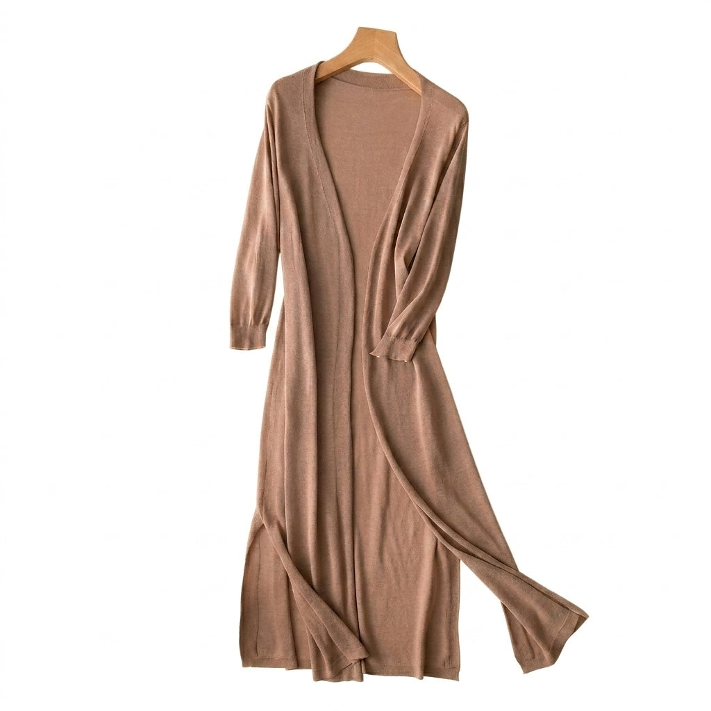 Cárdigan de mujer largo de punto fino con frente abierto y aberturas laterales-Cardigan for women-Casaluzia