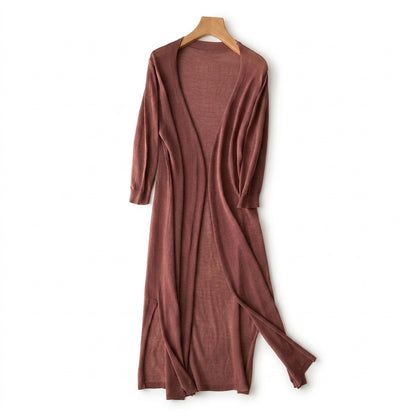 Cárdigan de mujer largo de punto fino con frente abierto y aberturas laterales-Cardigan for women-Casaluzia