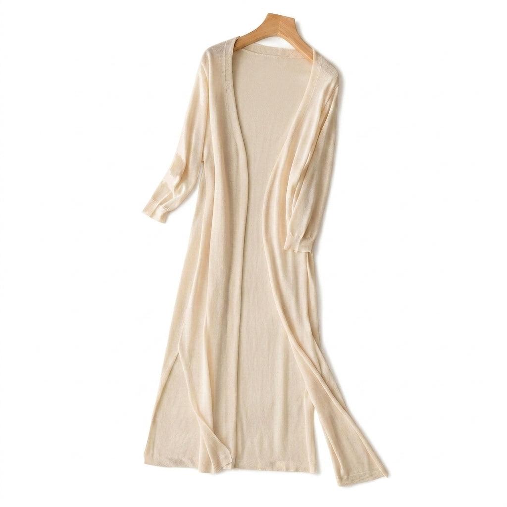 Cárdigan de mujer largo de punto fino con frente abierto y aberturas laterales-Cardigan for women-Casaluzia