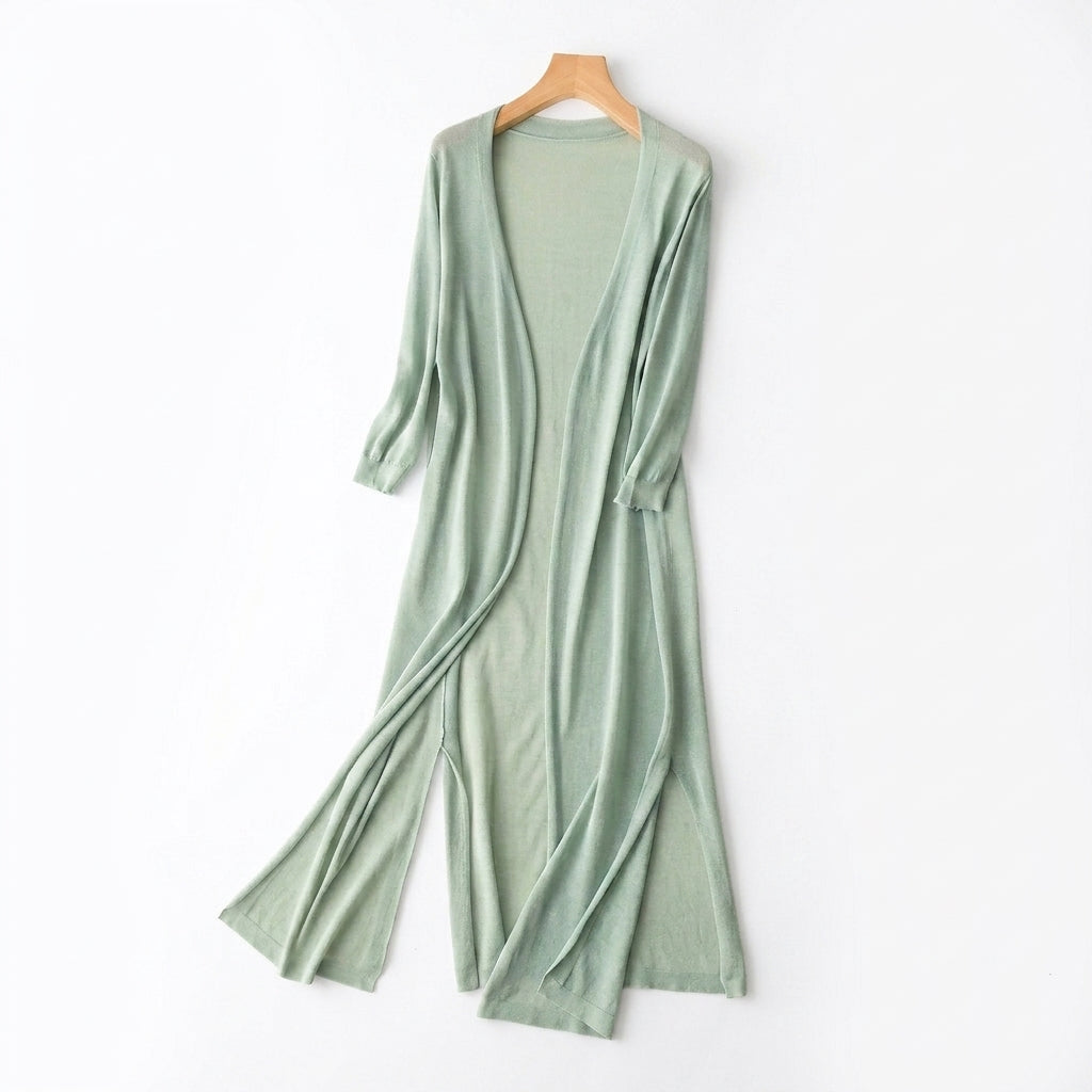 Cárdigan de mujer largo de punto fino con frente abierto y aberturas laterales-Cardigan for women-Casaluzia