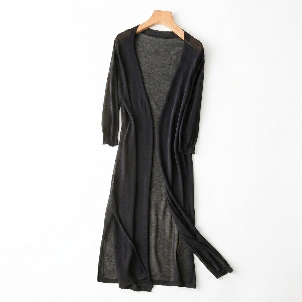 Cárdigan de mujer largo de punto fino con frente abierto y aberturas laterales-Cardigan for women-Casaluzia