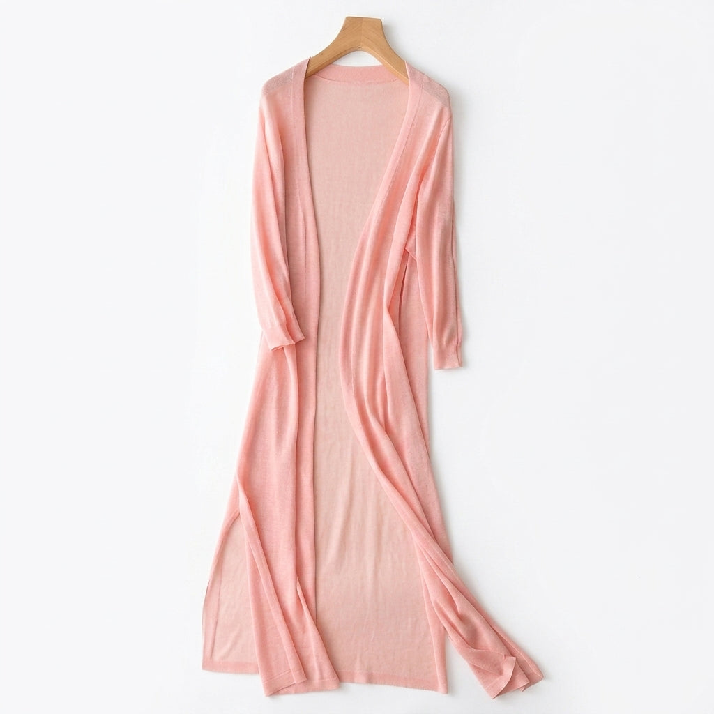 Cárdigan de mujer largo de punto fino con frente abierto y aberturas laterales-Cardigan for women-Casaluzia