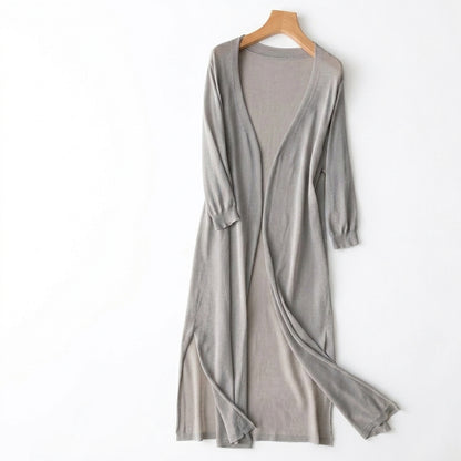 Cárdigan de mujer largo de punto fino con frente abierto y aberturas laterales-Cardigan for women-Casaluzia