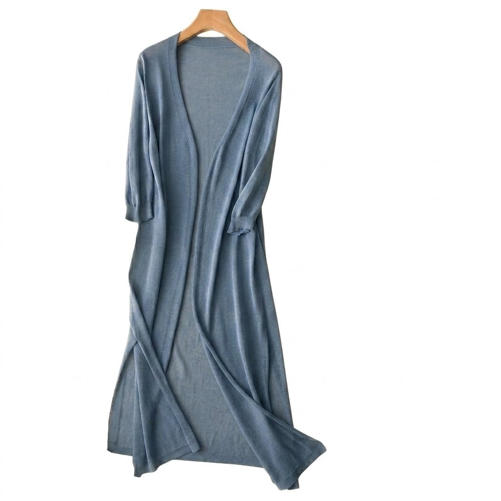 Cárdigan de mujer largo de punto fino con frente abierto y aberturas laterales-Cardigan for women-Casaluzia