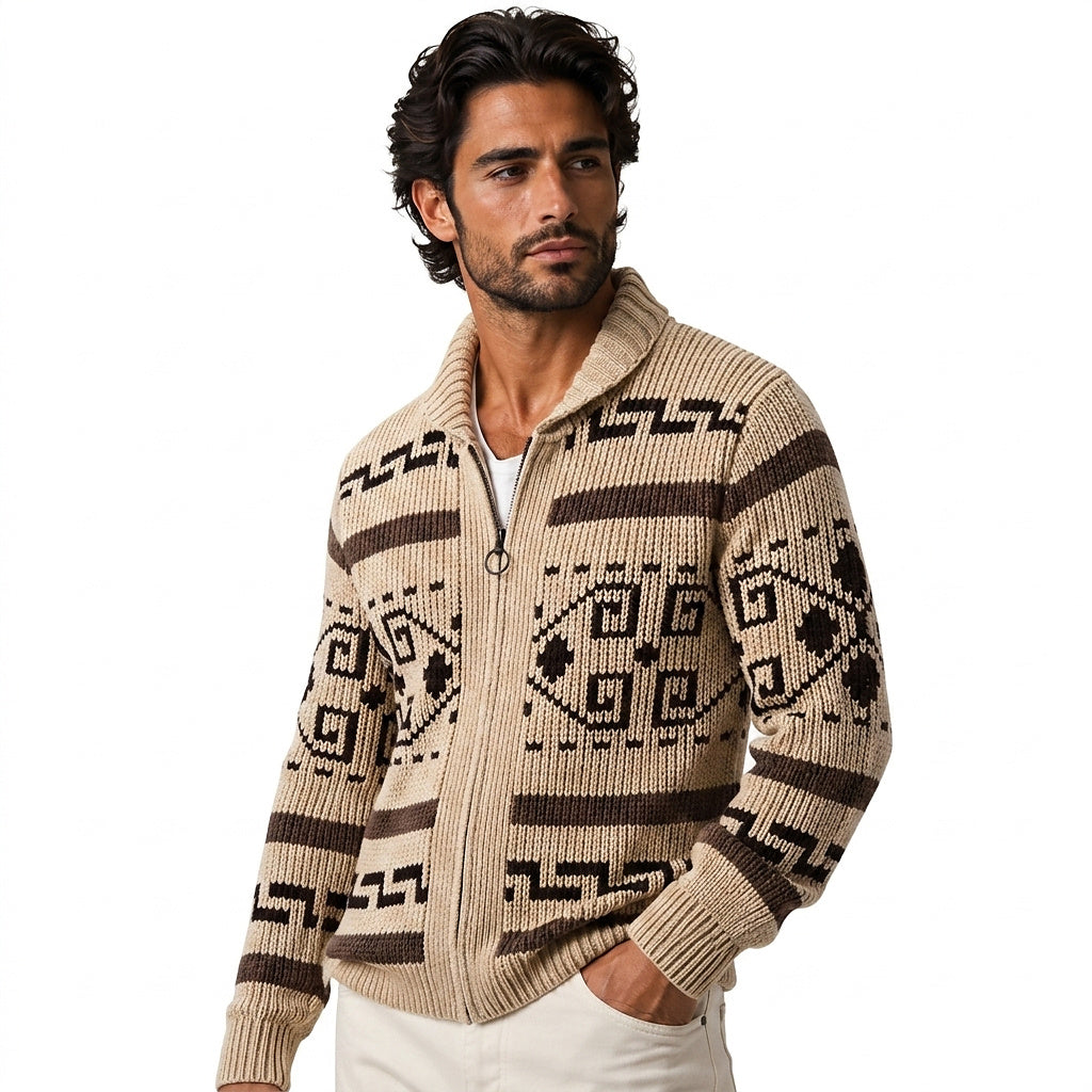 Cárdigan de punto con cremallera, cuello chal y estampado geométrico para hombre-Cardigan for men-Casaluzia