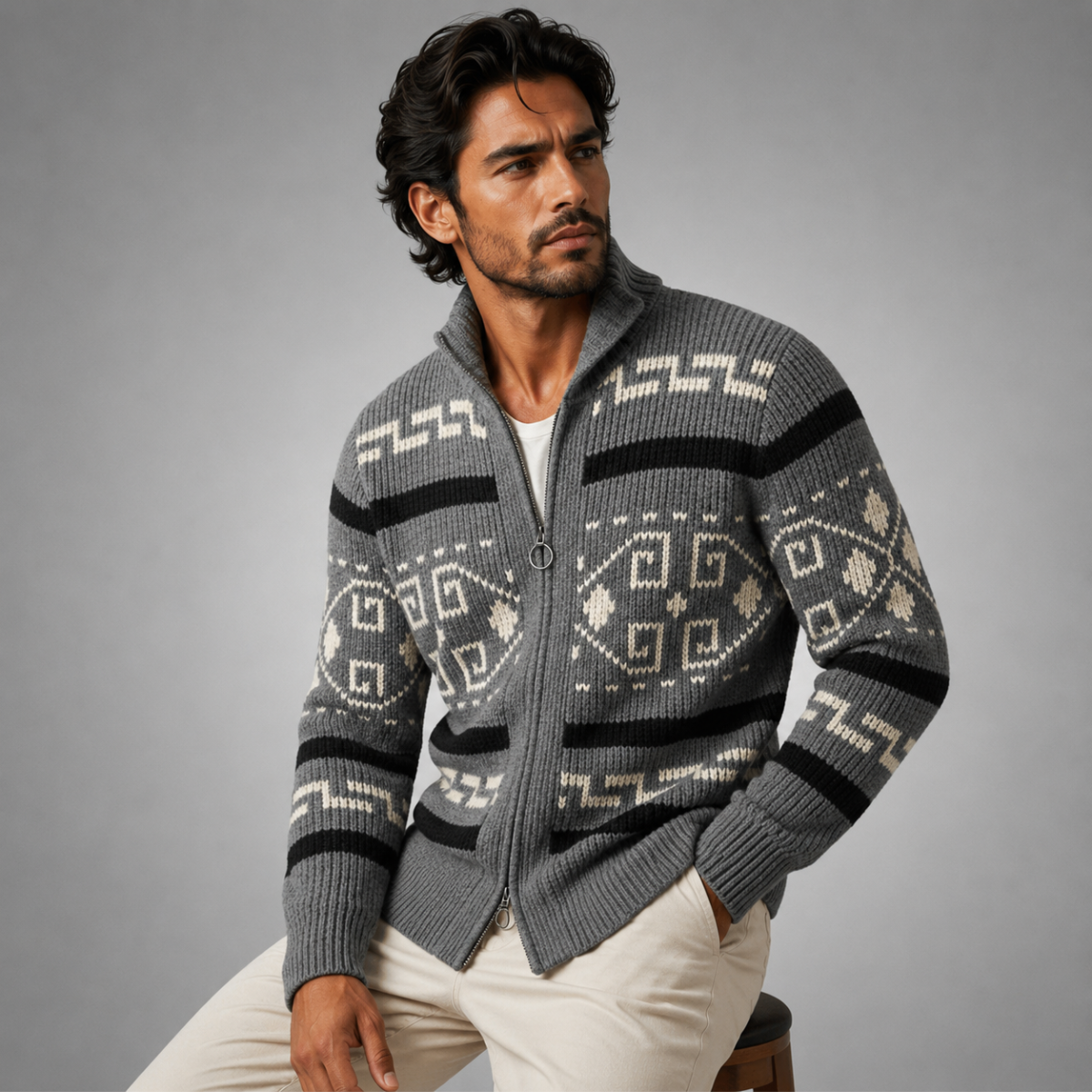 Cárdigan de punto con cremallera, cuello chal y estampado geométrico para hombre-Cardigan for men-Casaluzia