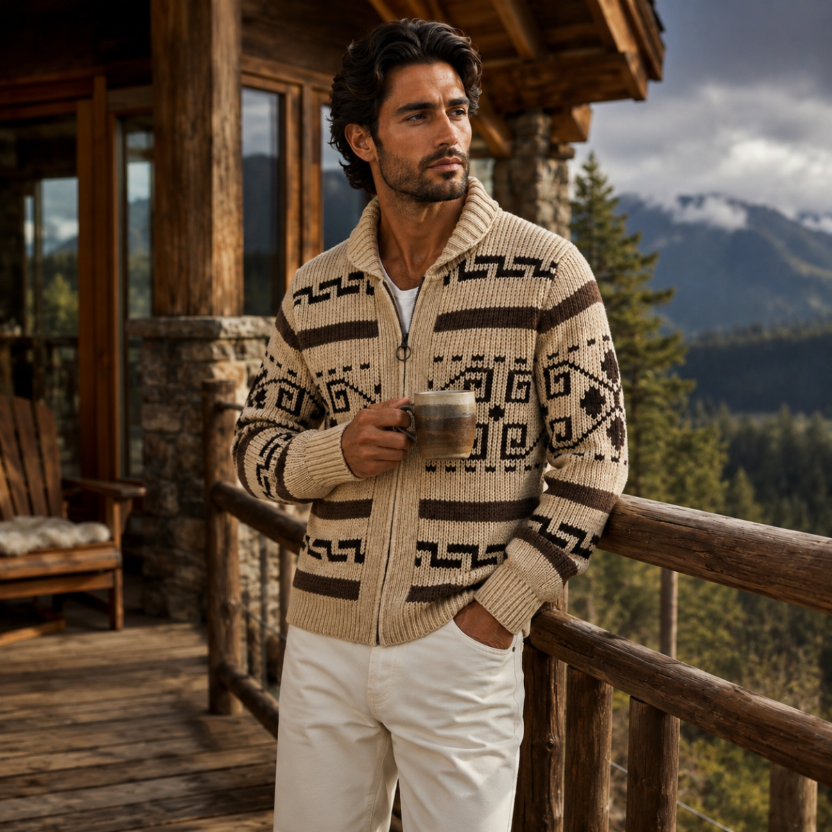 Cárdigan de punto con cremallera, cuello chal y estampado geométrico para hombre-Cardigan for men-Casaluzia